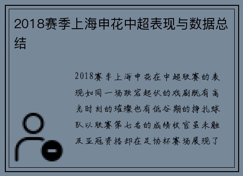 2018赛季上海申花中超表现与数据总结