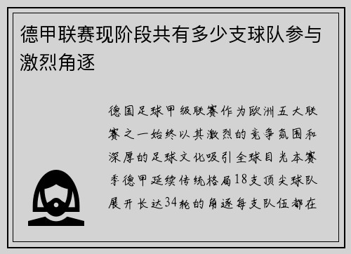 德甲联赛现阶段共有多少支球队参与激烈角逐
